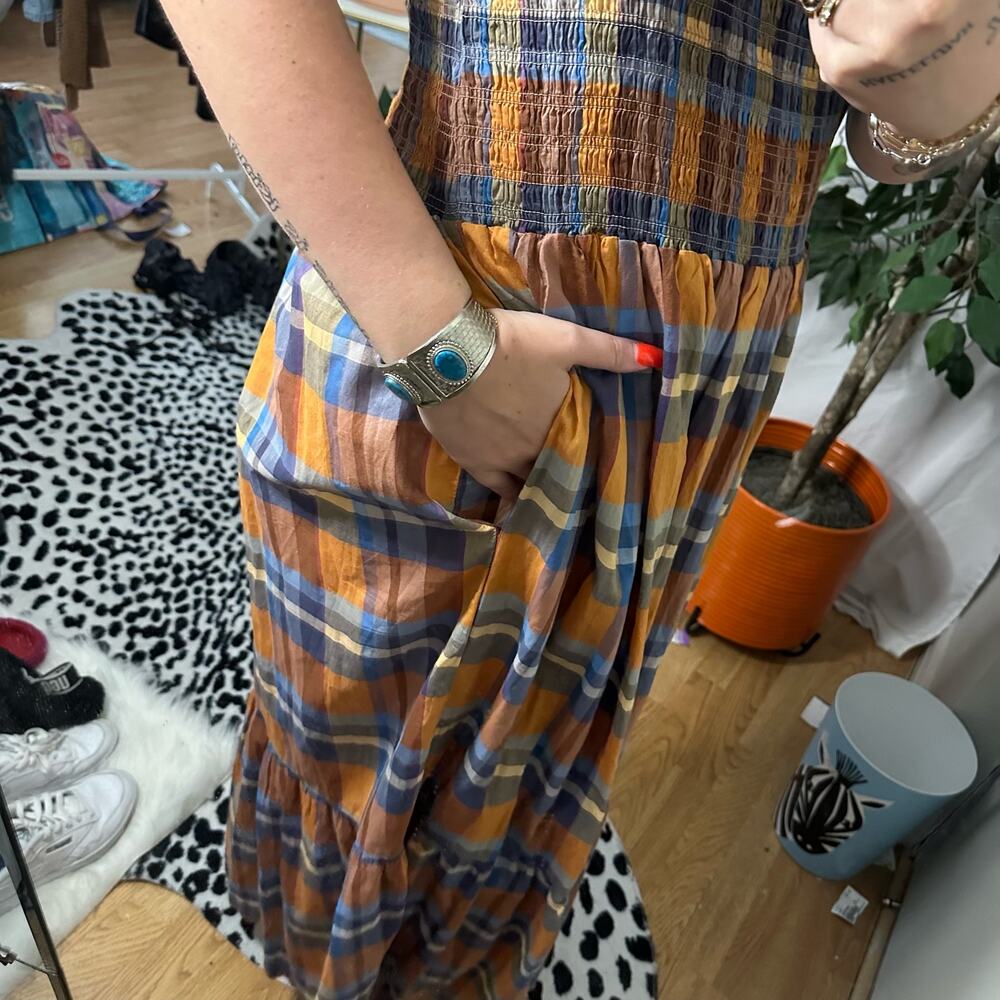 Birds of Paradis Smocked Dolores in Early Harvest Plaid Maxi Dress Multi Large - Picture 6 of 6